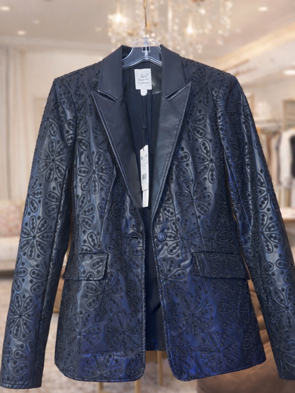 Cinq à Sept Embroidered Vegan Leather Jacket Navy Size 2 NWT